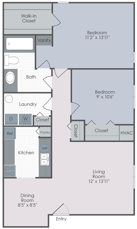 Two bedroom, one bathroom two dimensional floor plan.